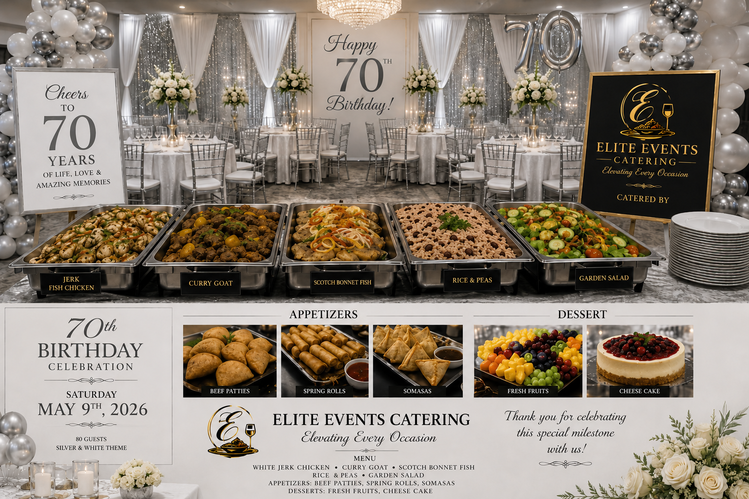 Luxury 70th birthday catering display with buffet trays and silver white event decor