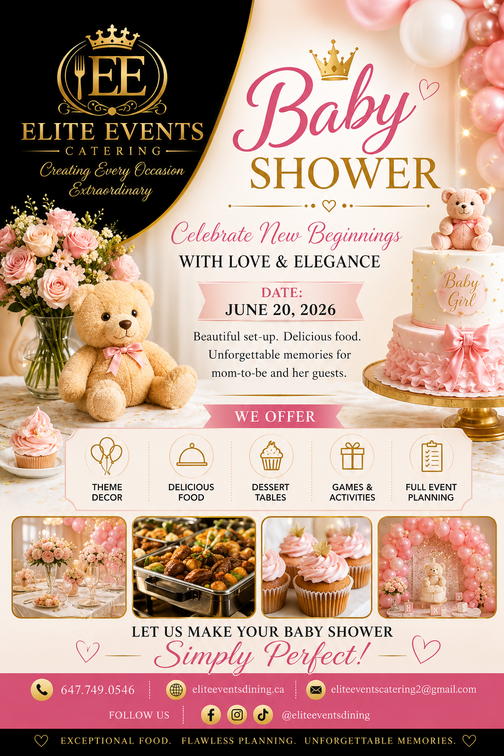 Elegant baby shower poster with pink balloons, teddy bear, floral setup, and cake styling