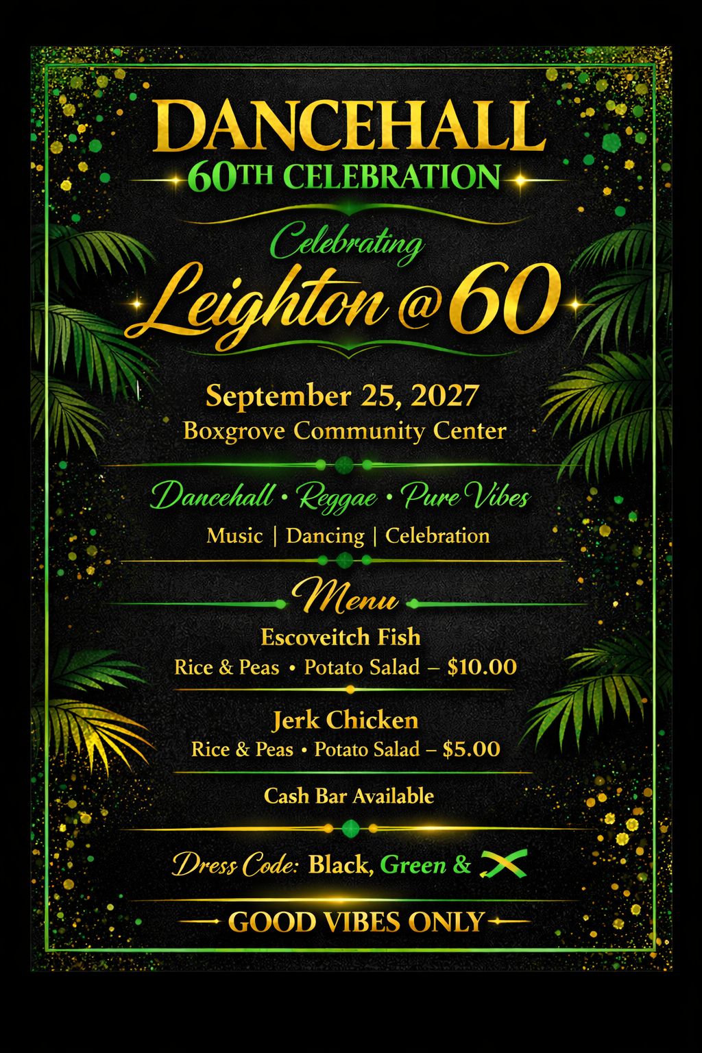 Dancehall 60th celebration poster with black, green, and gold tropical styling