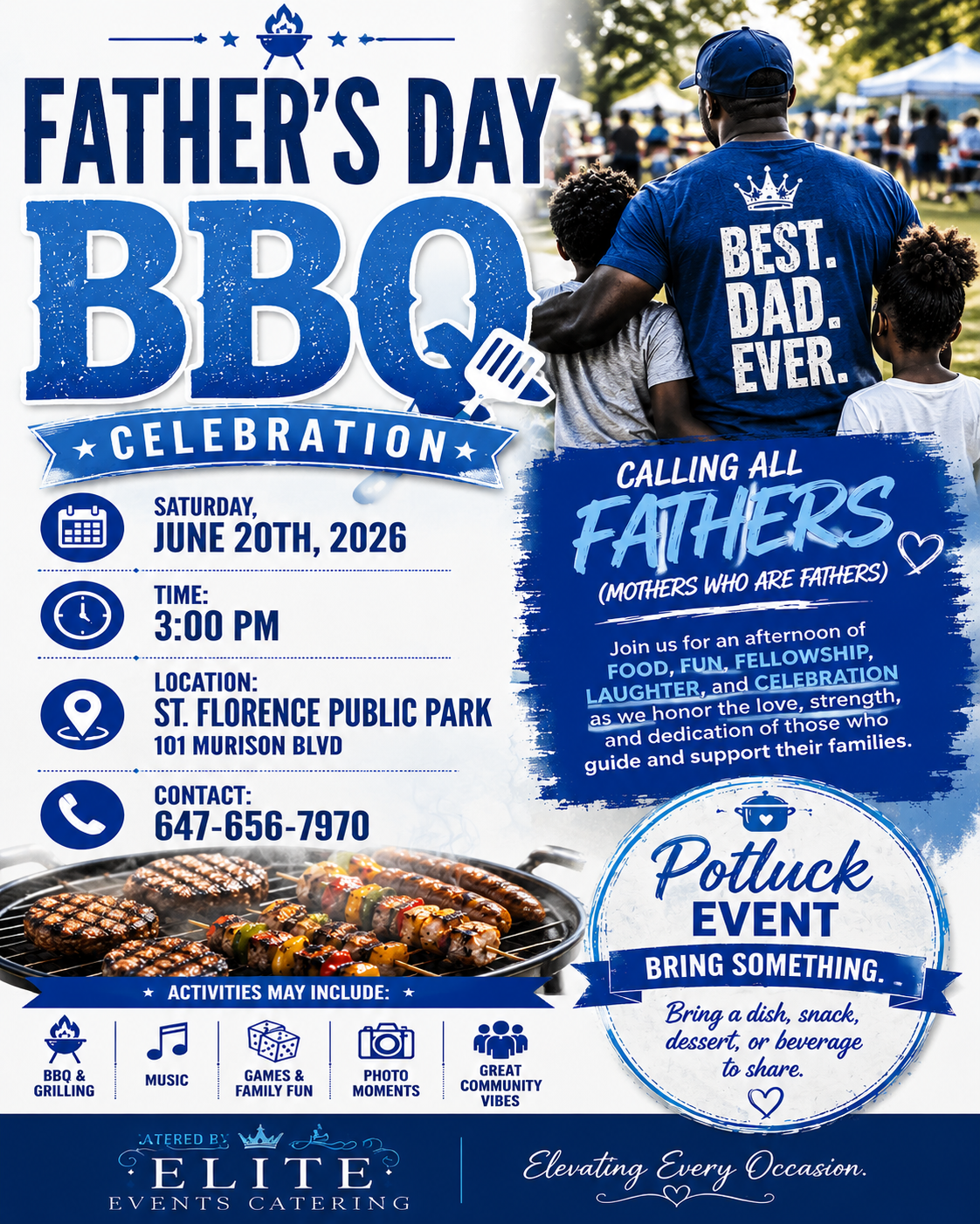 Father’s Day BBQ poster with family photo, cookout food, and blue event graphics