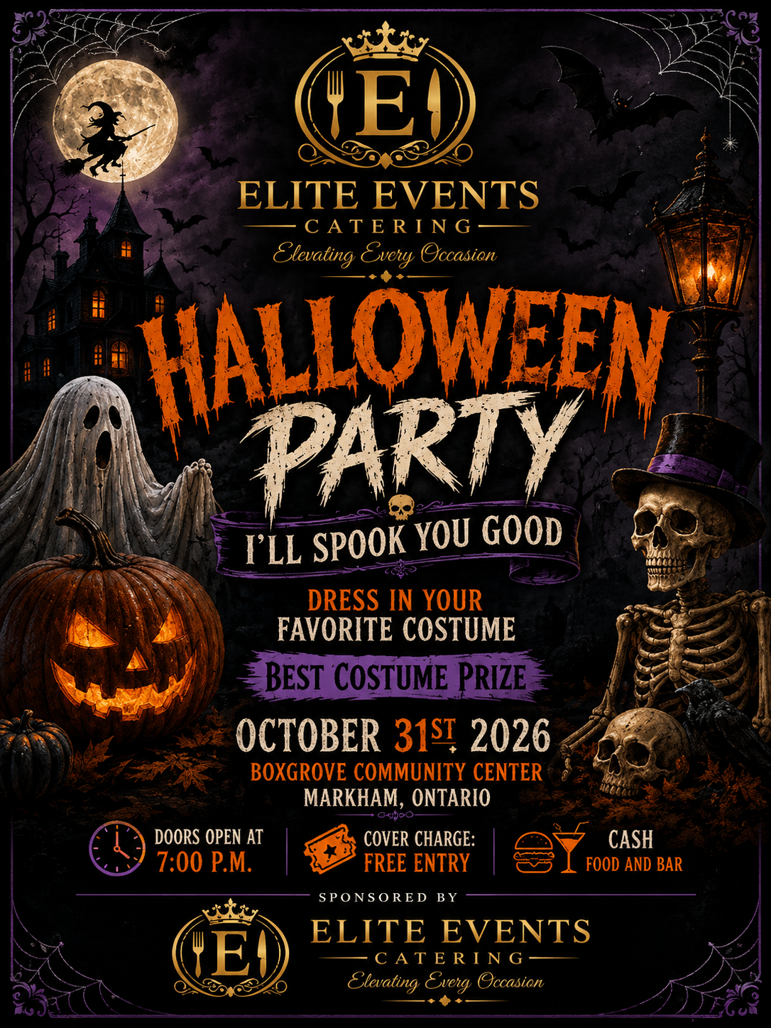 Halloween party poster with moon, pumpkin, ghost, and Elite Events Catering branding