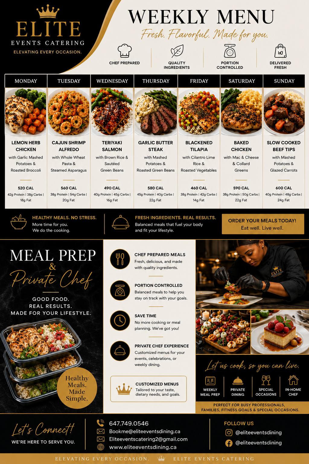 Elite Events Catering weekly meal prep menu flyer with daily dishes and private chef services