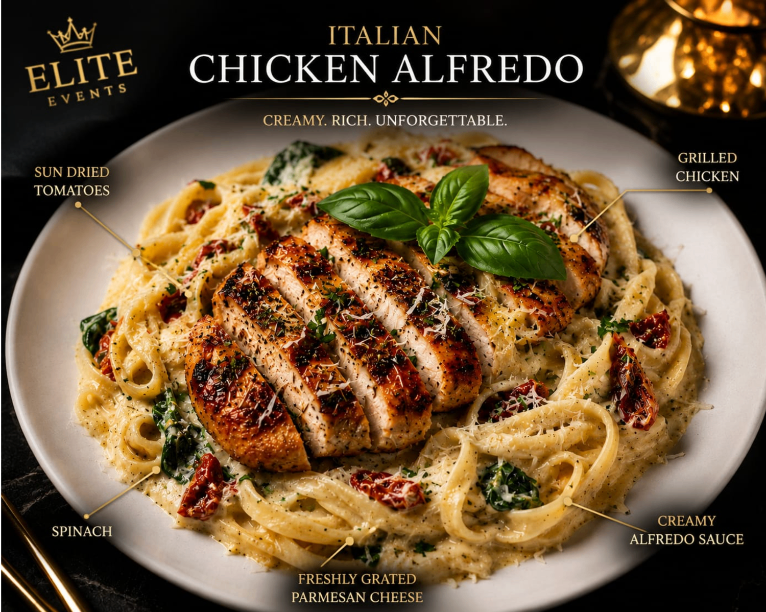 Italian chicken Alfredo with sun dried tomatoes and basil