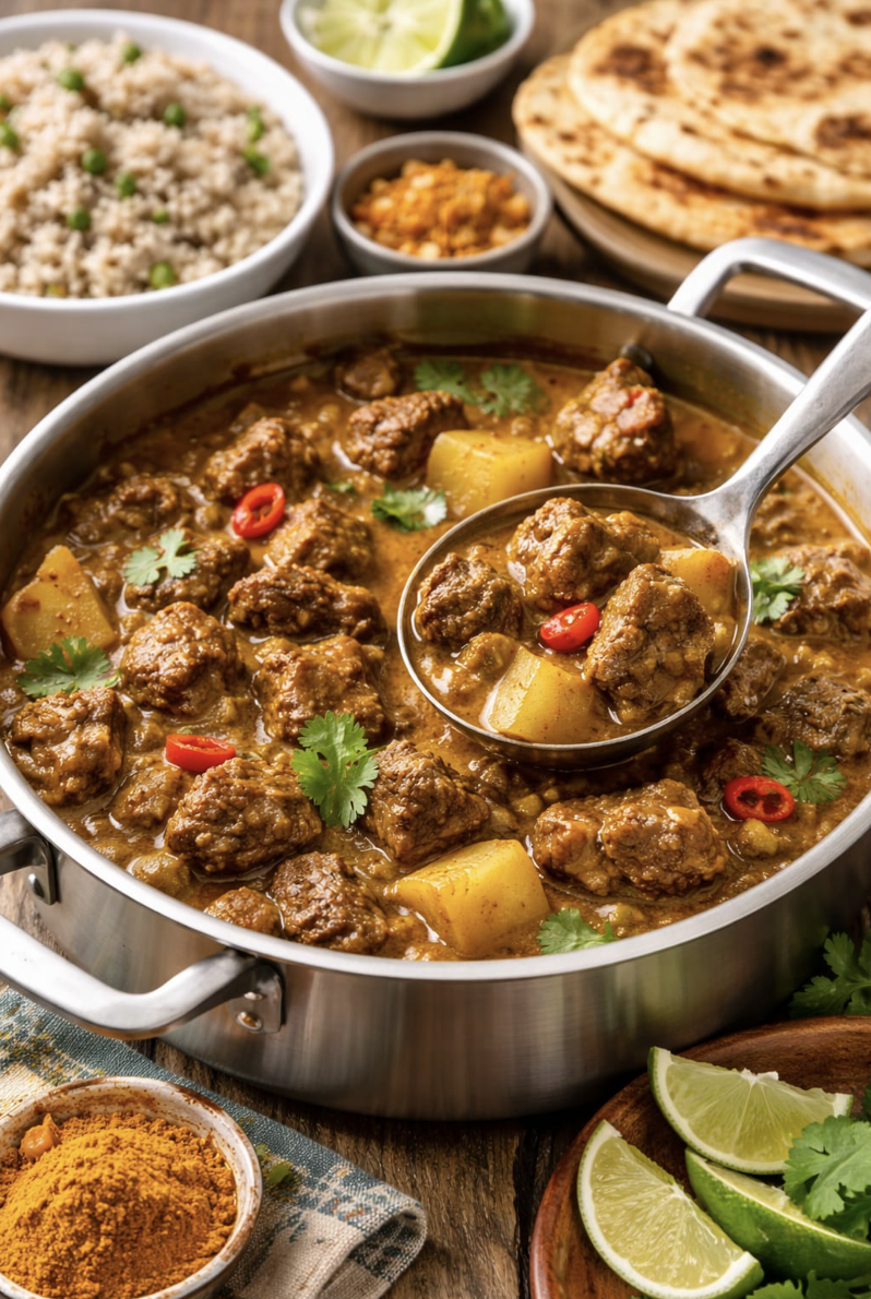 Slow braised curry goat with potatoes and roti