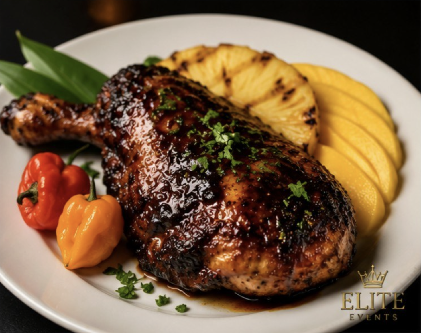 Tropical jerk chicken with grilled pineapple and mango