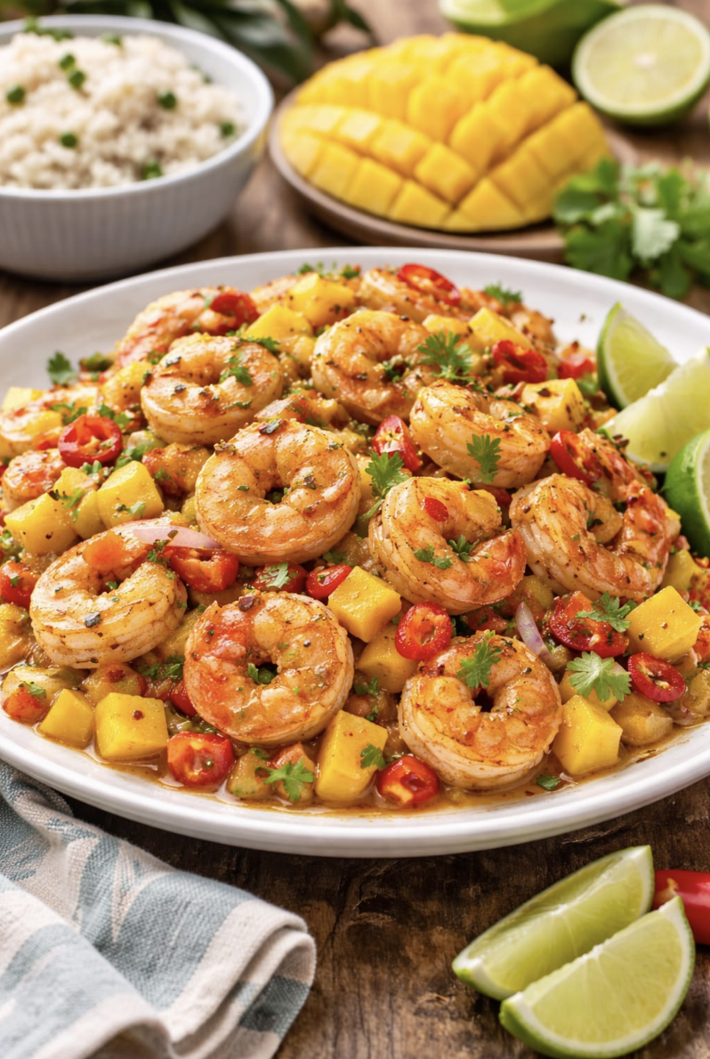 Caribbean mango shrimp with rice and lime